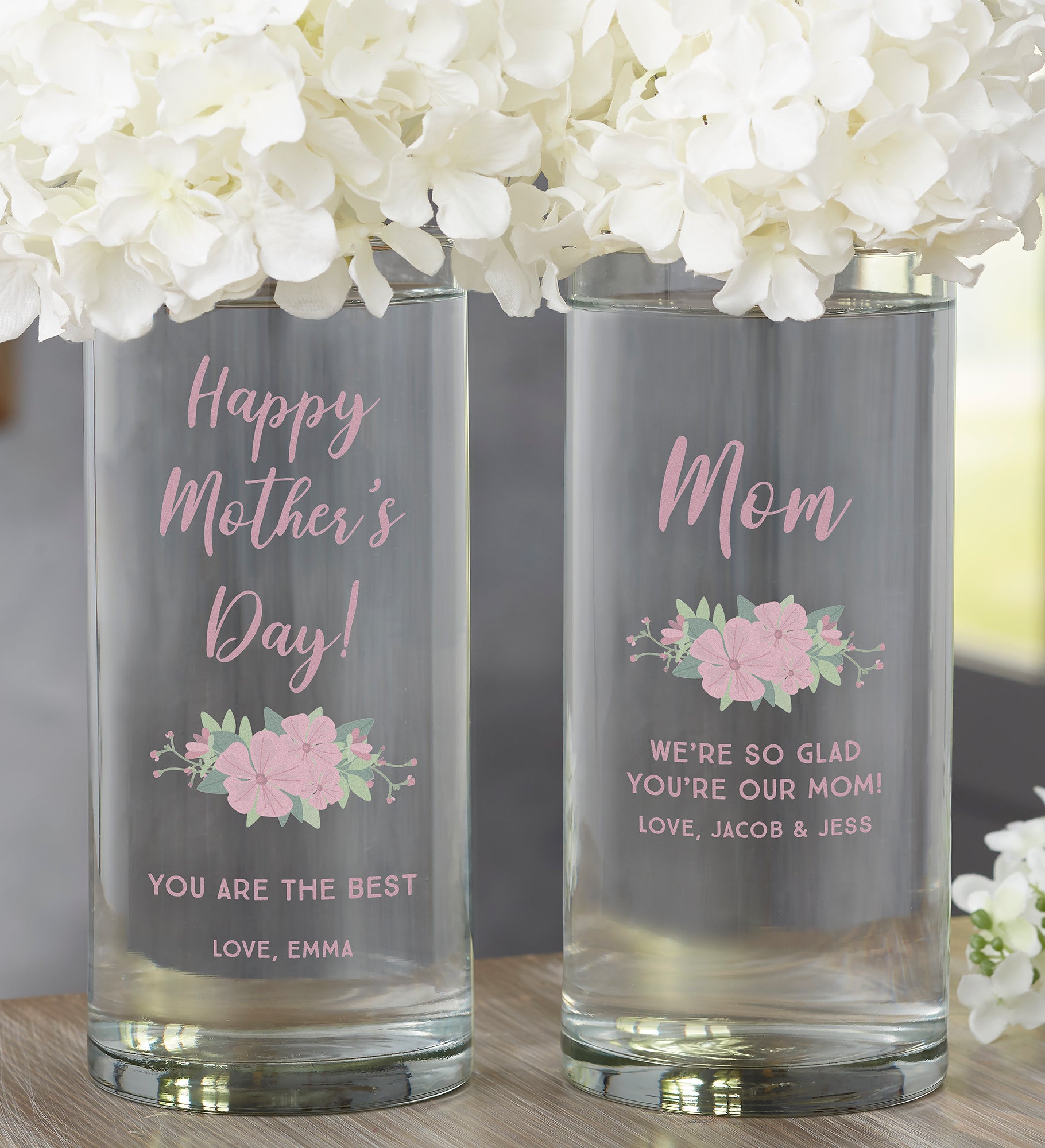 Floral Special Message Personalized Cylinder Glass Vase for Mom